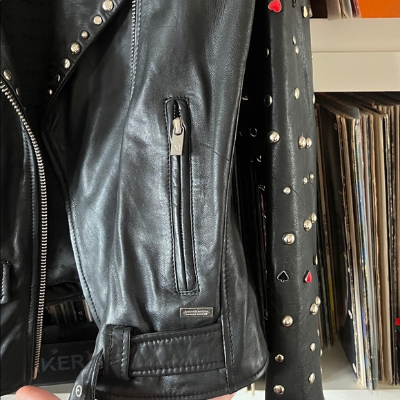 Scotch & Soda Black Studded Leather Biker Jacket with Red Accent - Picture 3 of 9